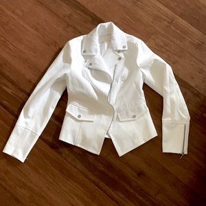 Etcetera Women's Full Zip Moto Style Neoprene Fabric White Cropped Jacket Size 4
